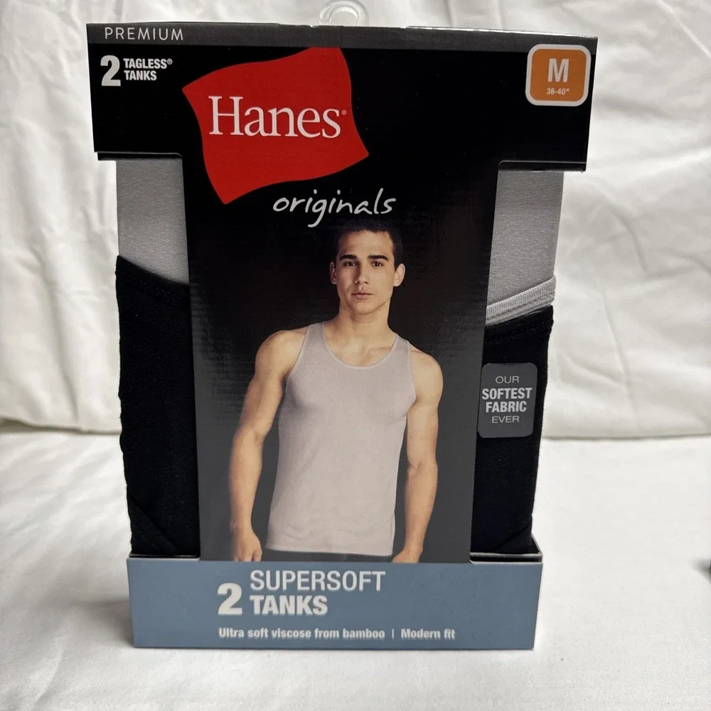 Hanes Tank Top/Undershirts Super Soft Black/Gray 2-Pk Mens Size Medium